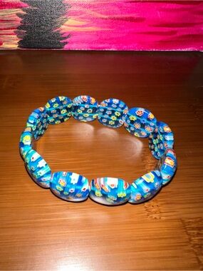 Blue Millefiori Glass Italian Bead Stretch Bracelet